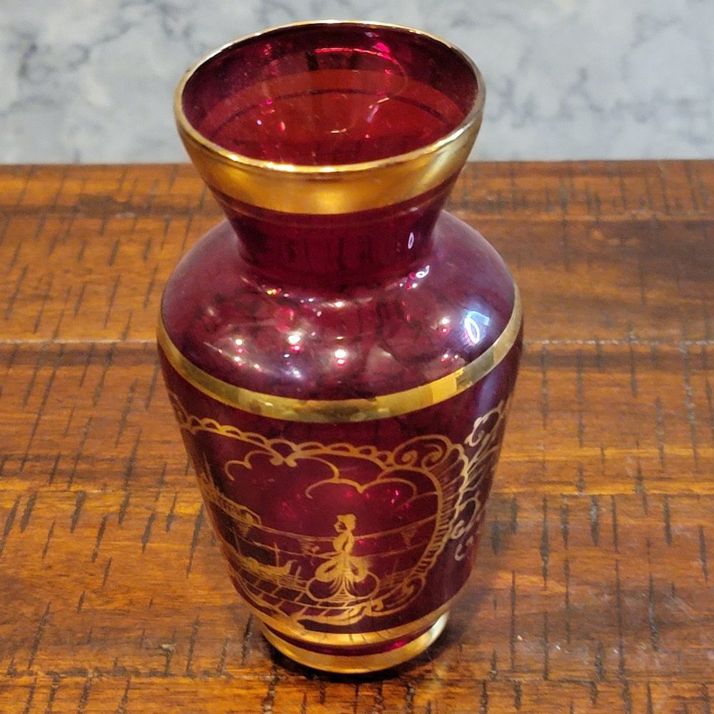 Vintage Murano Small Ruby Red Urn Vase with Gold Painted Scene, 4.75" Tall